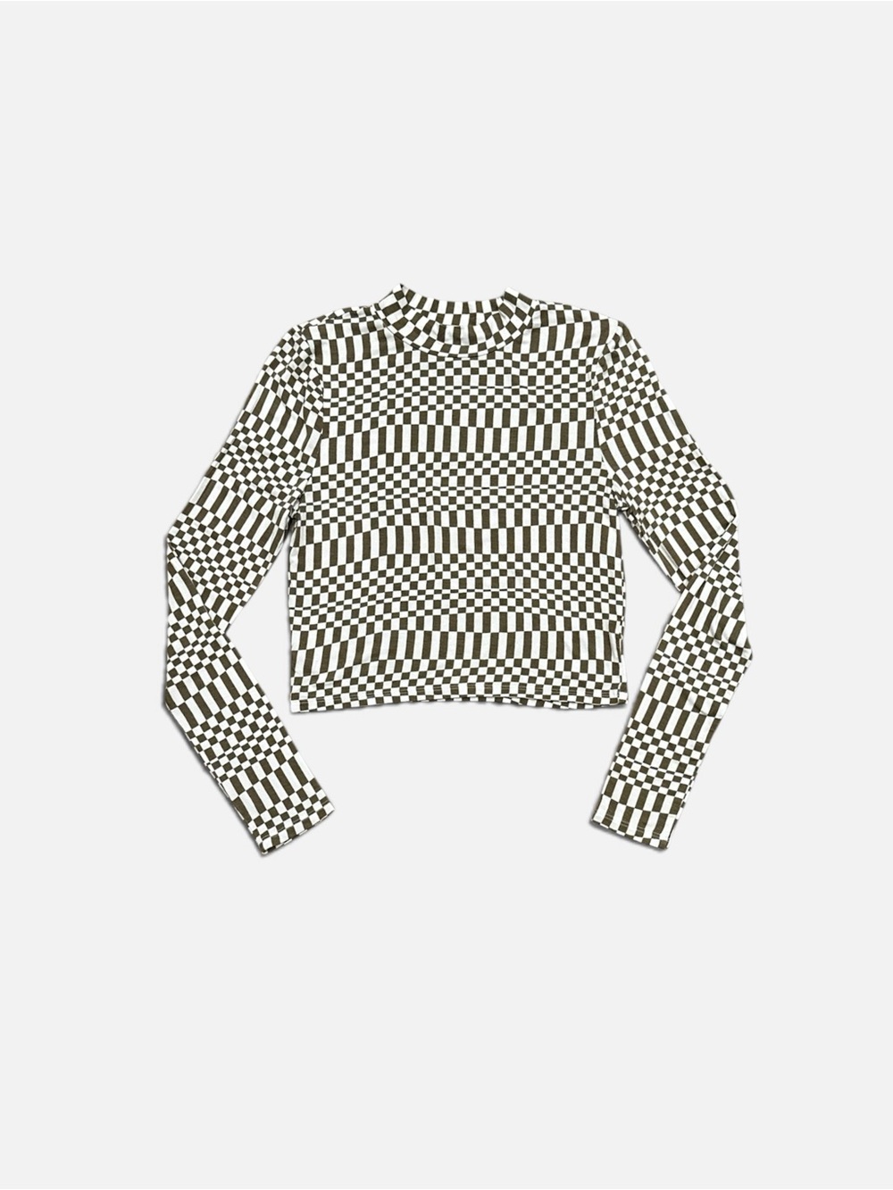 Checkerboard Long Sleeve Mock Neck Crop Top with - Green & White